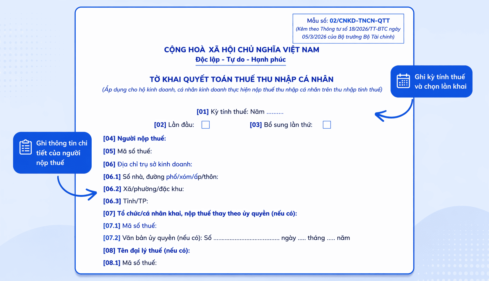 Hướng dẫn điền tờ khai quyết toán thuế TNCN theo mẫu 02/CNKD-TNCN-QTT