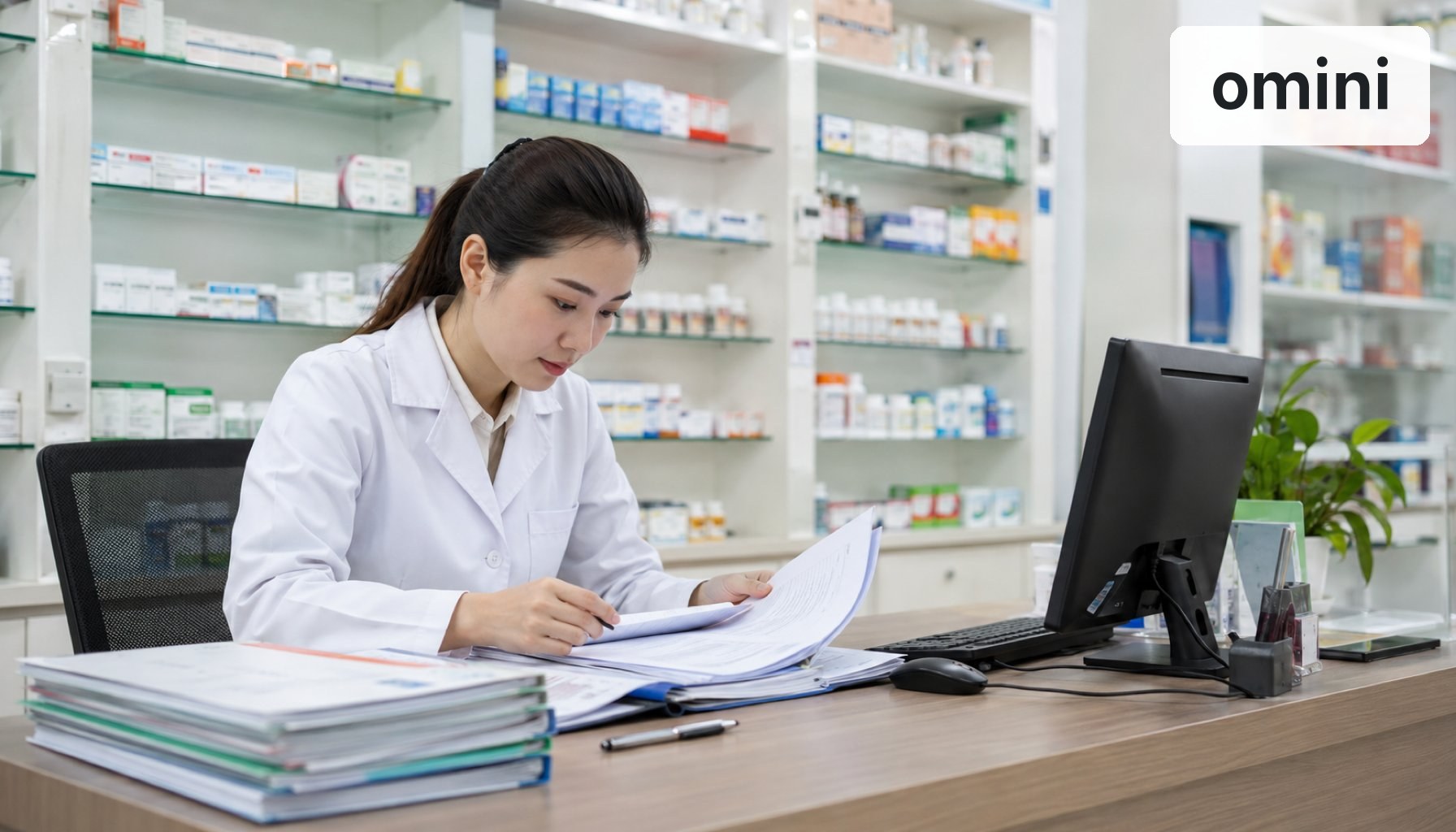 Dược sĩ kiểm tra sổ sách GPP tại nhà thuốc