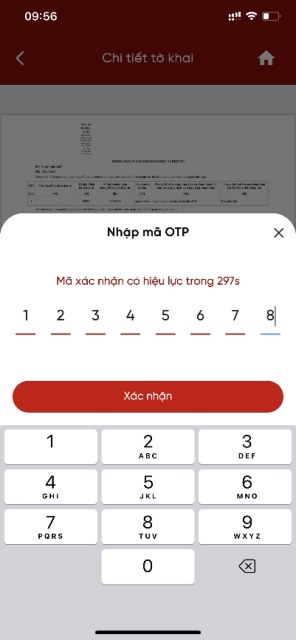 eTax Mobile Bước 7, màn hình nhập mã OTP để hoàn tất nộp hồ sơ thông báo số tài khoản