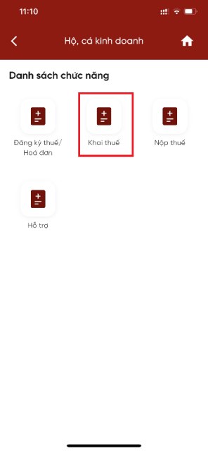 eTax Mobile Bước 3, màn hình Danh sách chức năng với ô Khai thuế được khoanh đỏ