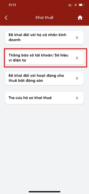 eTax Mobile Bước 3, màn hình Khai thuế với mục Thông báo số tài khoản/Số hiệu ví điện tử được khoanh đỏ