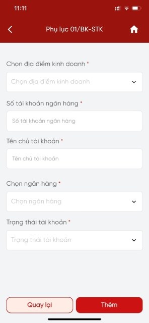 eTax Mobile Bước 4, biểu mẫu nhập thông tin tài khoản theo Phụ lục 01/BK-STK với nút Thêm