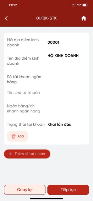 eTax Mobile Bước 5, danh sách số tài khoản vừa kê khai với nút Tiếp tục