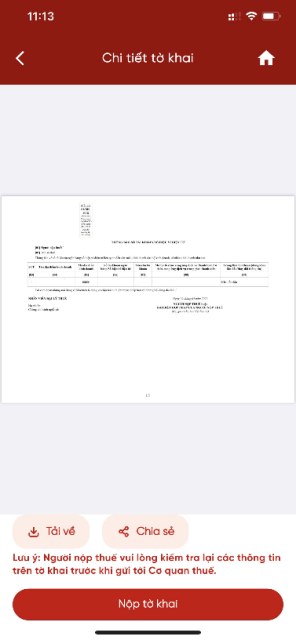 eTax Mobile Bước 6, tờ khai mẫu 01/BK-STK với các nút Tải về, Chia sẻ và Nộp tờ khai