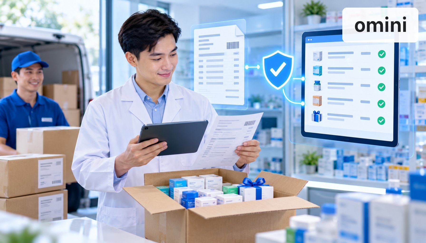 Dược sĩ kiểm tra đơn nhập hàng trước khi nhập kho