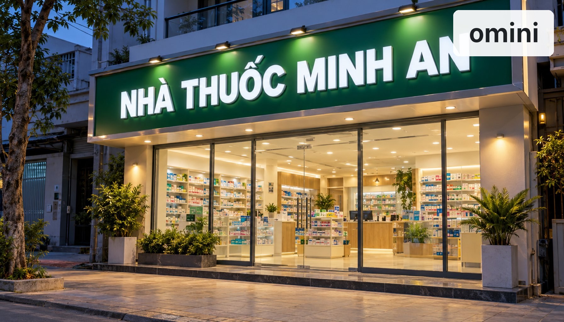 Mẫu bảng hiệu nhà thuốc nền Alu xanh lá kết hợp chữ nổi mica trắng và đèn LED