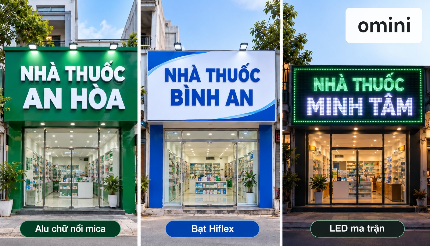 So sánh ba loại bảng hiệu nhà thuốc gồm Alu chữ nổi mica, bạt Hiflex và LED ma trận