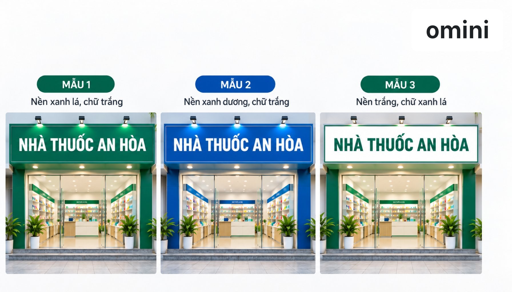 Các mẫu phối màu xanh lá, xanh dương và trắng cho bảng hiệu nhà thuốc hiện đại